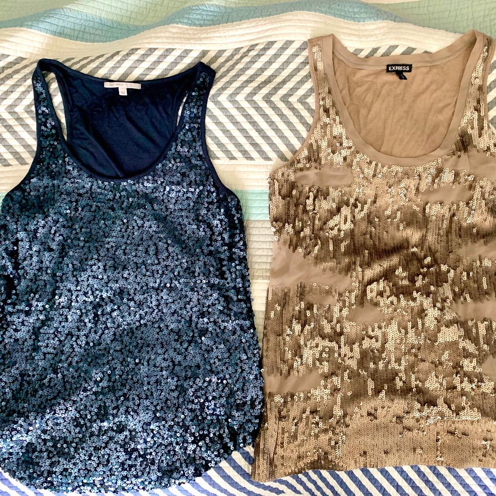 (EXCELLENT)  2 sequined tank tops - (GAP) Blue and (Express) Taupe